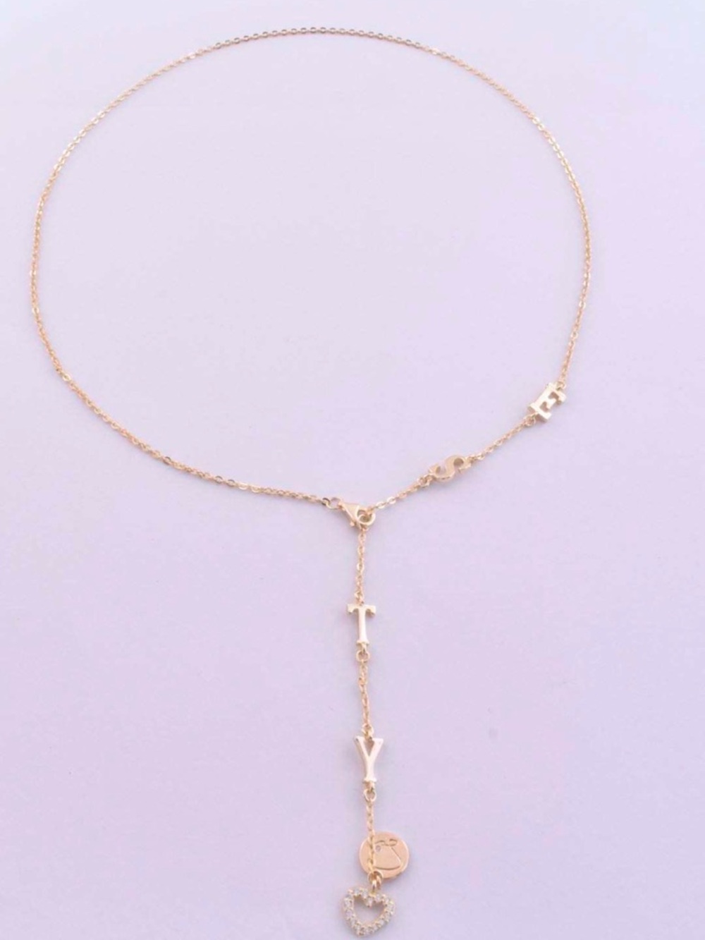 Delicate Gold Y-Necklace with T, V Letters and Heart Charm